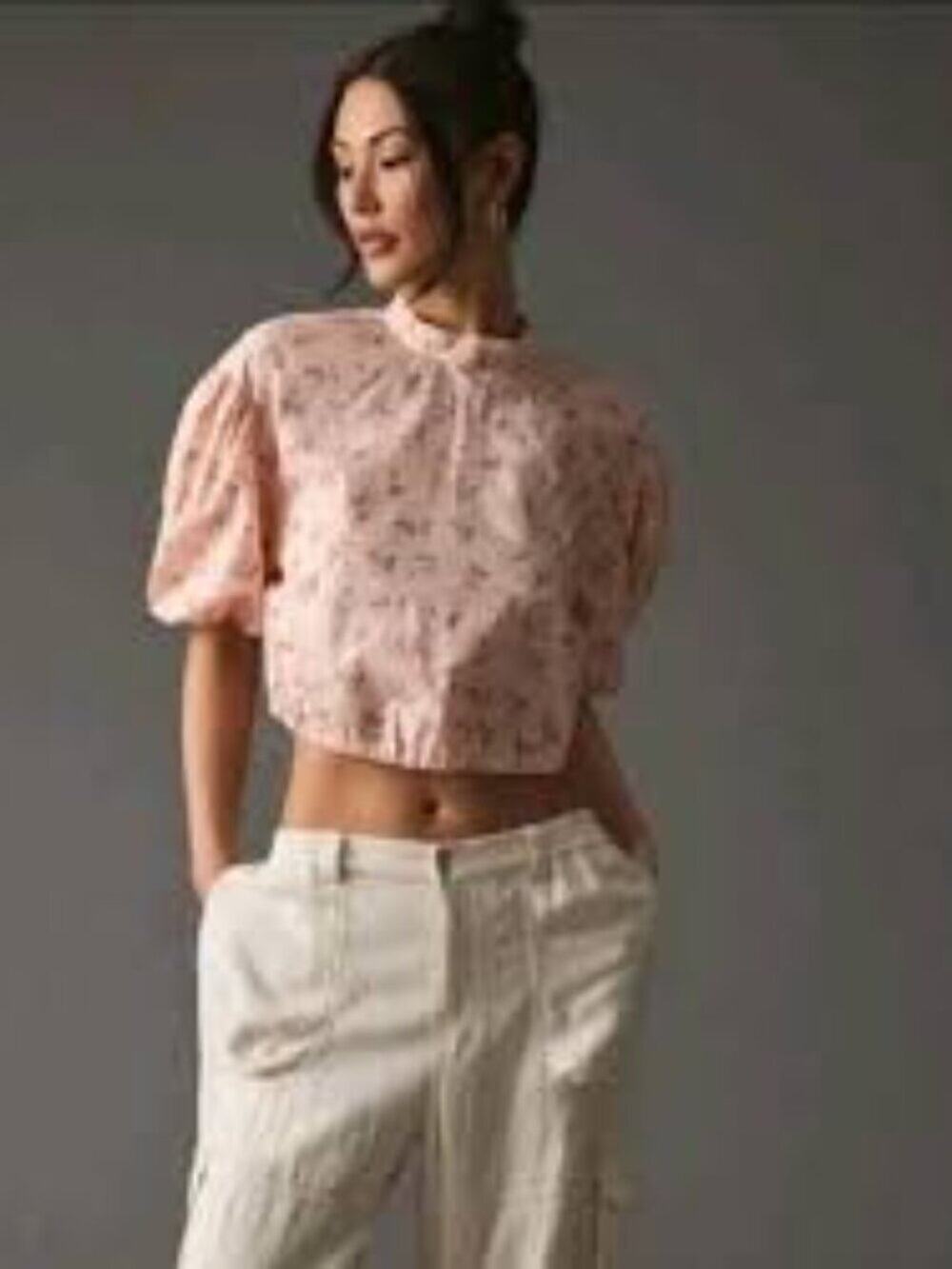 Anthropologie Bubble Floral Puff-Sleeve Cropped Top Drawstring Hem Women's XS